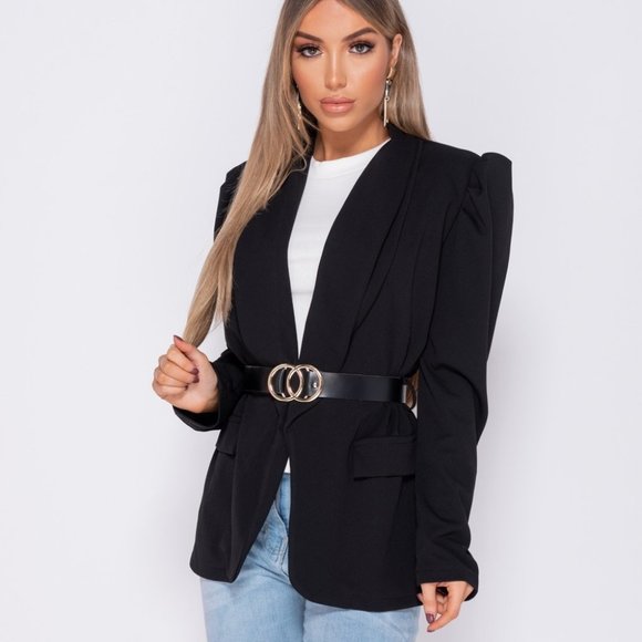 LAST 1 Black Long Puff Sleeve Belted Blazer Jacket - Picture 3 of 8